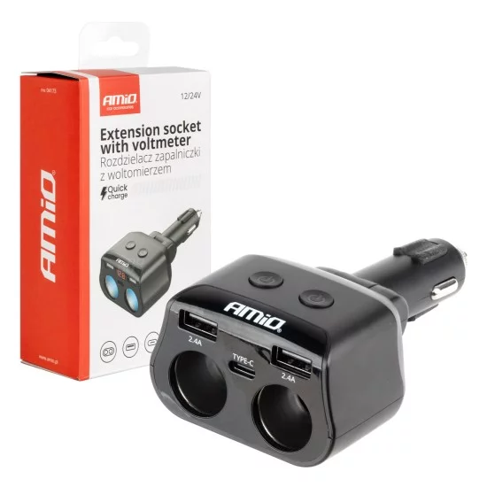 Amio - ΑΝΤΑΠΤΟΡΑΣ ΑΝΑΠΤΗΡΑ ΔΙΠΛΟΣ 12/24V ΜΕ ΒΟΛΤΟΜΕΤΡΟ ΜΕ 3 ΘΥΡΕΣ USB - 1 Τεμ. (04173/AM)