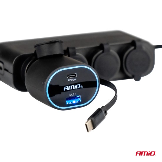 Amio - ΦΟΡΤΙΣΤΗΣ ΑΝΑΠΤΗΡΑ ΜΕ 2 ΘΥΡΕΣ USB-C 20W+USB-A QUICK CHARGE 3.0 ΜΕ ΚΑΛΩΔΙΟ USB-C 30W ΜΑΥΡΟ - 1 Τεμ. (04176/AM)