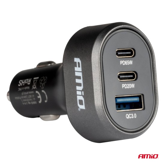 Amio - ΦΟΡΤΙΣΤΗΣ ΑΝΑΠΤΗΡΑ ΜΕ 3 ΘΥΡΕΣ 2xUSB-C 65W/20W+USB-A QUICK CHARGE 3.0 ΜΑΥΡΟ - 1 Τεμ. (04177/AM)