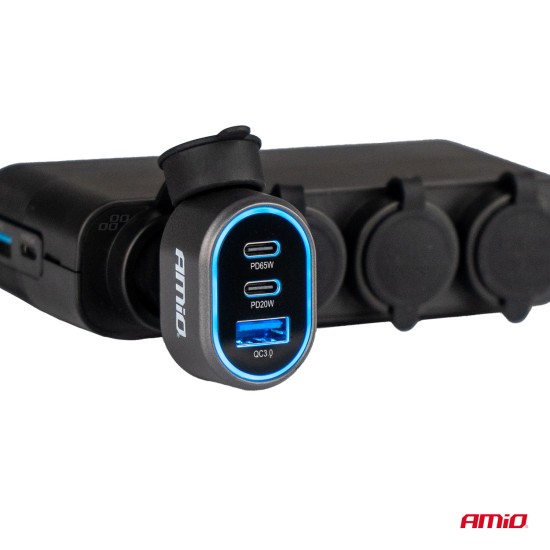 Amio - ΦΟΡΤΙΣΤΗΣ ΑΝΑΠΤΗΡΑ ΜΕ 3 ΘΥΡΕΣ 2xUSB-C 65W/20W+USB-A QUICK CHARGE 3.0 ΜΑΥΡΟ - 1 Τεμ. (04177/AM)