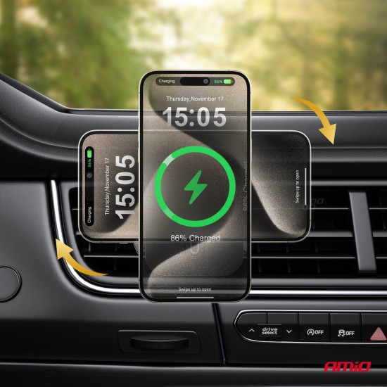 Amio - ΒΑΣΗ ΣΤΗΡΙΞΗΣ ΚΙΝΗΤΟΥ ΓΙΑ ΑΕΡΑΓΩΓΟ ΜΑΓΝΗΤΙΚΗ ΜΕ ΑΣΥΡΜΑΤΗ ΦΟΡΤΙΣΗ QUICK CHARGE QI2 15W 360° - 1 Τεμ. (04179/AM)