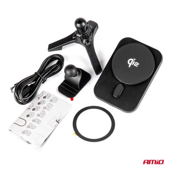 Amio - ΒΑΣΗ ΣΤΗΡΙΞΗΣ ΚΙΝΗΤΟΥ ΓΙΑ ΑΕΡΑΓΩΓΟ ΜΑΓΝΗΤΙΚΗ ΜΕ ΑΣΥΡΜΑΤΗ ΦΟΡΤΙΣΗ QUICK CHARGE QI2 15W 360° - 1 Τεμ. (04180/AM)