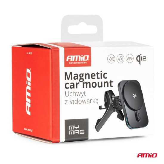 Amio - ΒΑΣΗ ΣΤΗΡΙΞΗΣ ΚΙΝΗΤΟΥ ΓΙΑ ΑΕΡΑΓΩΓΟ ΜΑΓΝΗΤΙΚΗ ΜΕ ΑΣΥΡΜΑΤΗ ΦΟΡΤΙΣΗ QUICK CHARGE QI2 15W 360° - 1 Τεμ. (04180/AM)