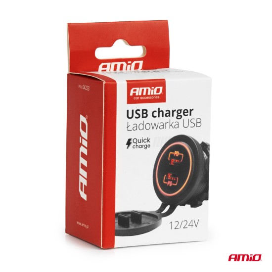 Amio - ΠΡΙΖΑ ΜΕ 2 ΘΥΡΕΣ USB-C ΚΑΙ ΚΑΠΑΚΙ 12/24V ΑΔΙΑΒΡΟΧΗ ΜΕ ΚΟΚΚΙΝΟ LED ΦΩΣ ΜΑΥΡΗ - 1 τεμ. (04223/AM)