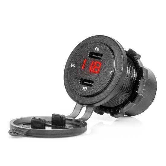 Amio - ΠΡΙΖΑ ΜΕ 2 ΘΥΡΕΣ USB-C ΚΑΙ ΨΗΦΙΑΚΟ ΒΟΛΤΟΜΕΤΡΟ ΜΕ ΚΑΠΑΚΙ 12/24V ΑΔΙΑΒΡΟΧΗ ΜΕ ΚΟΚΚΙΝΗ LED ΕΝΔΕΙΞΗ ΜΑΥΡΗ - 1 Τεμ. (04225/AM)