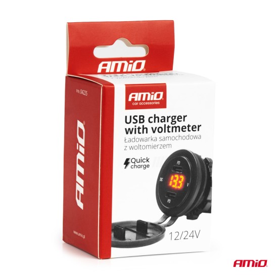 Amio - ΠΡΙΖΑ ΜΕ 2 ΘΥΡΕΣ USB-C ΚΑΙ ΨΗΦΙΑΚΟ ΒΟΛΤΟΜΕΤΡΟ ΜΕ ΚΑΠΑΚΙ 12/24V ΑΔΙΑΒΡΟΧΗ ΜΕ ΚΟΚΚΙΝΗ LED ΕΝΔΕΙΞΗ ΜΑΥΡΗ - 1 Τεμ. (04225/AM)