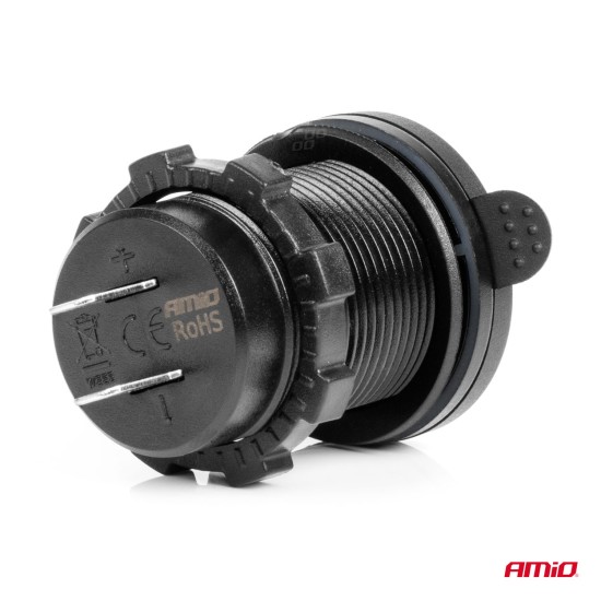 Amio - ΠΡΙΖΑ ΜΕ 3 ΘΥΡΕΣ(USB+2xUSB-C) ΜΕ ΔΙΑΚΟΠΤΗ ΚΑΙ ΚΑΠΑΚΙ 12/24V QUICK CHARGE 3.0 ΑΔΙΑΒΡΟΧΗ ΜΑΥΡΗ - 1 Τεμ. (04227/AM)