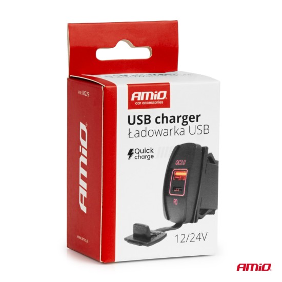Amio - ΠΡΙΖΑ ΜΕ 2 ΘΥΡΕΣ-USB & USB-C ΚΑΙ ΚΑΠΑΚΙ 12/24V QUICK CHARGE 3.0 ΑΔΙΑΒΡΟΧΗ ΜΑΚΡΟΣΤΕΝΟ ΣΧΗΜΑ ΜΑΥΡΗ - 1 Τεμ. (04229/AM)