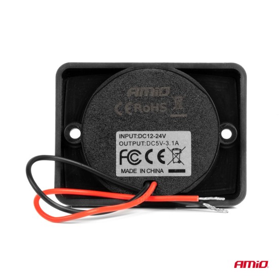 Amio - ΠΡΙΖΑ ΜΕ 2 ΘΥΡΕΣ USB ΚΑΙ ΚΑΠΑΚΙ 12/24V ΑΔΙΑΒΡΟΧΗ ΤΕΤΡΑΓΩΝΟ ΣΧΗΜΑ ΜΕ ΚΟΚΚΙΝΟ LED ΦΩΣ ΜΑΥΡΗ - 1 Τεμ. (04230/AM)