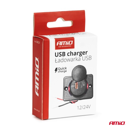Amio - ΠΡΙΖΑ ΜΕ 2 ΘΥΡΕΣ-USB+USB-C ΚΑΙ ΚΑΠΑΚΙ 12/24V QUICK CHARGE 3.0 ΑΔΙΑΒΡΟΧΗ ΤΕΤΡΑΓΩΝΟ ΣΧΗΜΑ ΜΑΥΡΗ - 1 Τεμ. (04231/AM)