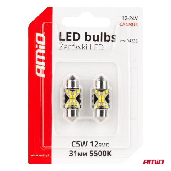 Amio - ΛΑΜΠΑΚΙΑ ΠΛΑΦΟΝΙΕΡΑΣ 31mm 12/24V C5W 5500K 12xSMD 2016 CAN-BUS FESTOON (ΛΕΥΚΟ) - 2 ΤΕΜ. (04235/AM)