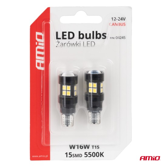 Amio - ΛΑΜΠΑΚΙΑ LED T15 W16W 12V/24V LED CAN-BUS 15xSMD 2835 ΛΕΥΚΟ ΦΩΣ 5.500K (ΣΕ ΧΡΩΜΑ ΜΑΥΡΟ) - 2 ΤΕΜ. (04245/AM)