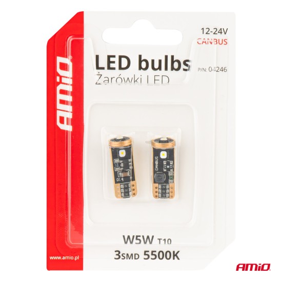 Amio - ΛΑΜΠΑΚΙΑ T10 W5W 12V/24V LED CAN-BUS 3xSMD 3838 ΛΕΥΚΟ 5500K - 2 ΤΕΜ. (04246/AM)