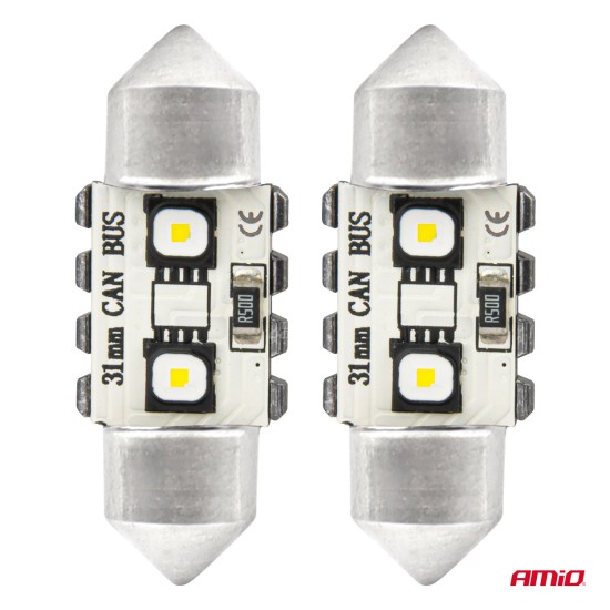 Amio - ΛΑΜΠΑΚΙΑ ΠΛΑΦΟΝΙΕΡΑΣ 31mm 12/24V C5W 5500K 12xSMD 3838 CAN-BUS FESTOON (ΛΕΥΚΟ) - 2 ΤΕΜ. (04247/AM)