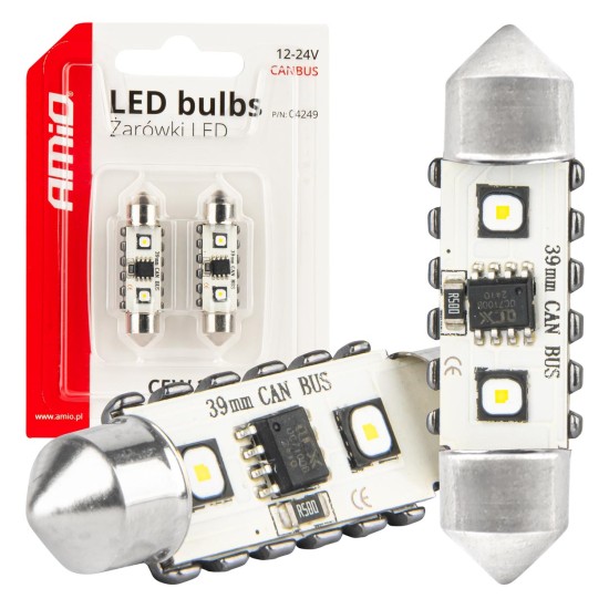 Amio - ΛΑΜΠΑΚΙΑ ΠΛΑΦΟΝΙΕΡΑΣ 39mm 12/24V C5W 5500K 12xSMD 3838 CAN-BUS FESTOON (ΛΕΥΚΟ) - 2 ΤΕΜ. (04249/AM)