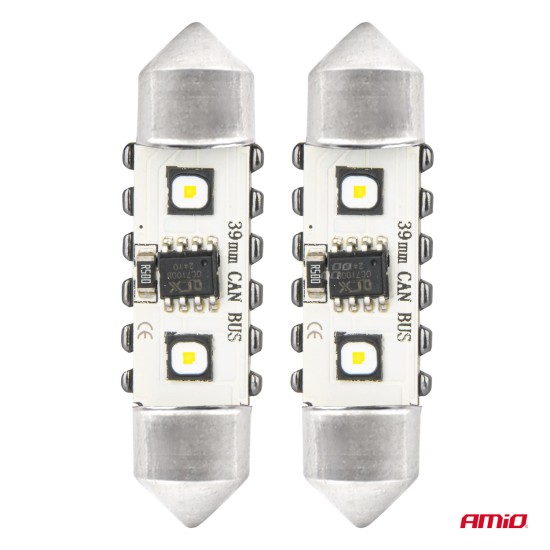 Amio - ΛΑΜΠΑΚΙΑ ΠΛΑΦΟΝΙΕΡΑΣ 39mm 12/24V C5W 5500K 12xSMD 3838 CAN-BUS FESTOON (ΛΕΥΚΟ) - 2 ΤΕΜ. (04249/AM)