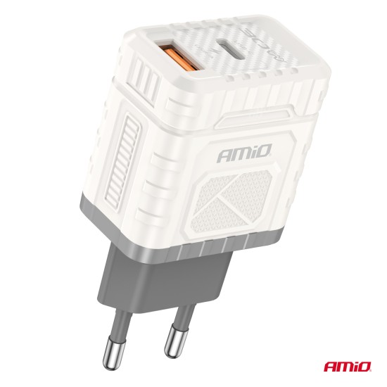 Amio - ΦΟΡΤΙΣΤΗΣ ΜΕ ΟΙΚΙΑΚΗ ΠΡΙΖΑ ΜΕ 2 ΘΥΡΕΣ USB-A+USB-C 30W 100-240V ΛΕΥΚΟ - 1 Τεμ. (04286/AM)