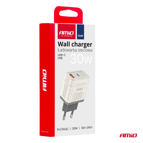 Amio - ΦΟΡΤΙΣΤΗΣ ΜΕ ΟΙΚΙΑΚΗ ΠΡΙΖΑ ΜΕ 2 ΘΥΡΕΣ USB-A+USB-C 30W 100-240V ΛΕΥΚΟ - 1 Τεμ. (04286/AM)