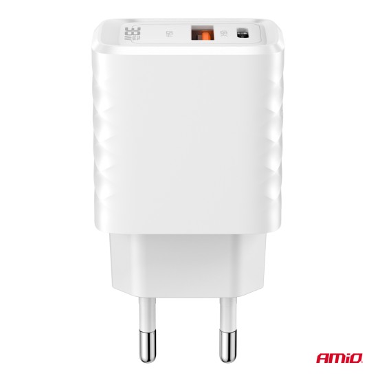 Amio - ΦΟΡΤΙΣΤΗΣ ΜΕ ΟΙΚΙΑΚΗ ΠΡΙΖΑ ΜΕ 2 ΘΥΡΕΣ USB-A+USB-C 38W 100-240V ΛΕΥΚΟ - 1 Τεμ. (04287/AM)