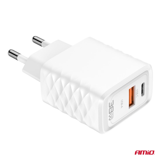 Amio - ΦΟΡΤΙΣΤΗΣ ΜΕ ΟΙΚΙΑΚΗ ΠΡΙΖΑ ΜΕ 2 ΘΥΡΕΣ USB-A+USB-C 38W 100-240V ΛΕΥΚΟ - 1 Τεμ. (04287/AM)