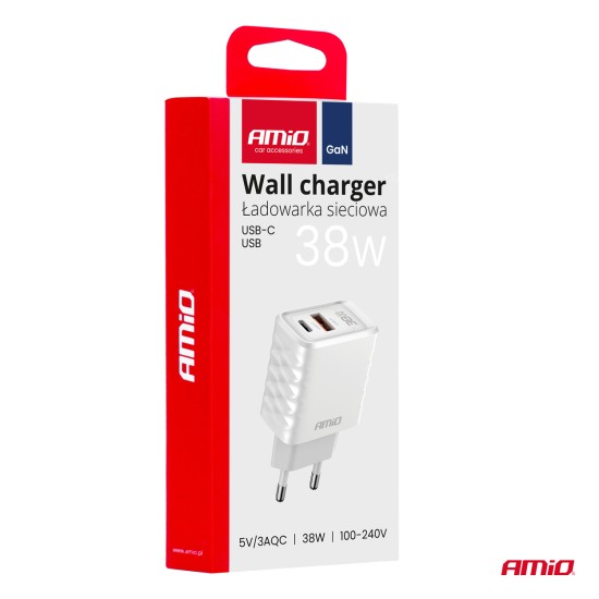 Amio - ΦΟΡΤΙΣΤΗΣ ΜΕ ΟΙΚΙΑΚΗ ΠΡΙΖΑ ΜΕ 2 ΘΥΡΕΣ USB-A+USB-C 38W 100-240V ΛΕΥΚΟ - 1 Τεμ. (04287/AM)