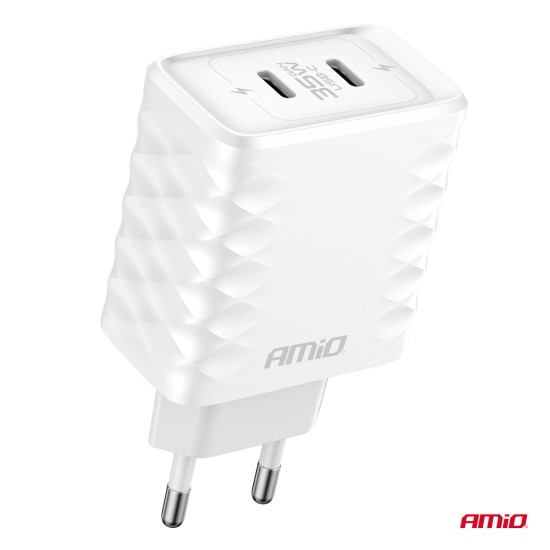 Amio - ΦΟΡΤΙΣΤΗΣ ΜΕ ΟΙΚΙΑΚΗ ΠΡΙΖΑ ΜΕ 2 ΘΥΡΕΣ 2xUSB-C 35W 100-240V ΛΕΥΚΟ - 1 Τεμ. (04288/AM)