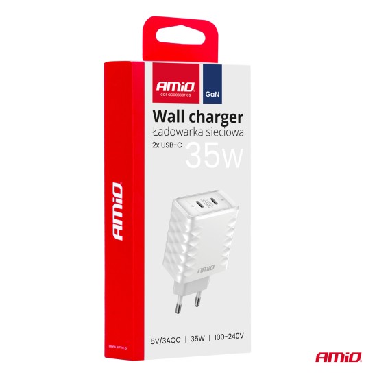 Amio - ΦΟΡΤΙΣΤΗΣ ΜΕ ΟΙΚΙΑΚΗ ΠΡΙΖΑ ΜΕ 2 ΘΥΡΕΣ 2xUSB-C 35W 100-240V ΛΕΥΚΟ - 1 Τεμ. (04288/AM)