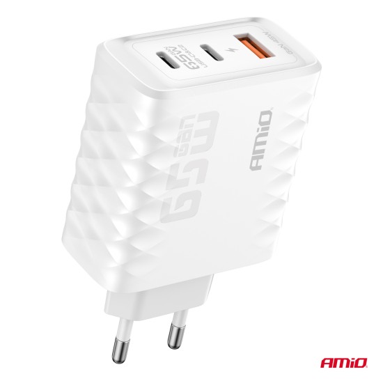 Amio - ΦΟΡΤΙΣΤΗΣ ΜΕ ΟΙΚΙΑΚΗ ΠΡΙΖΑ ΜΕ 3 ΘΥΡΕΣ 2xUSB-C+USB-A 65W 100-240V ΛΕΥΚΟ - 1 Τεμ. (04289/AM)