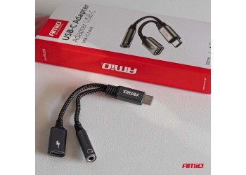 Amio - ΚΑΛΩΔΙΟ ΦΟΡΤΙΣΗΣ USB ΑΠΟ USB-C ΣΕ USB-C & ΑΝΤΑΠΤΟΡΑΣ ΑΚΟΥΣΤΙΚΩΝ MINI JACK 3.5mm ΘΗΛΥΚΟ 10cm - 1 Τεμ. (04295/AM)