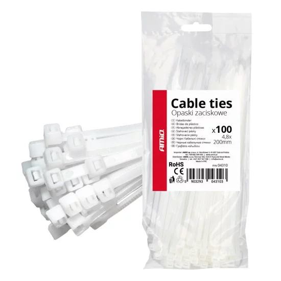 Amio - ΔΕΜΑΤΙΚΑ/ΔΕΤΙΚΑ ΚΑΛΩΔΙΩΝ TIE WRAP (ΤΑΙΡΑΠ) 4.8 x 200mm (ΛΕΥΚΟ) - 100 ΤΕΜ. (04310/AM)