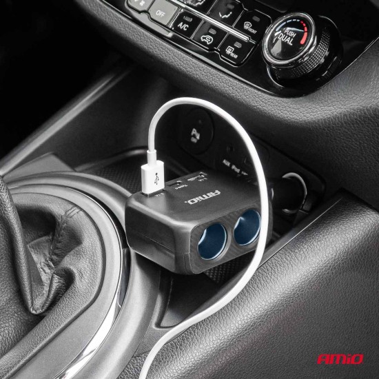 Amio - ΑΝΤΑΠΤΟΡΑΣ ΑΝΑΠΤΗΡΑ 12/24V 100W ΜΑΥΡΟΣ/2 ΘΕΣΕΙΣ/1xUSB-A+1xUSB-C/ΠΕΡΙΣΤΡΟΦΗ 180 ΜΟΙΡΩΝ - 1 ΤΕΜ. (04357/AM)