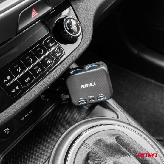 Amio - ΑΝΤΑΠΤΟΡΑΣ ΑΝΑΠΤΗΡΑ 12/24V 100W ΜΑΥΡΟΣ/2 ΘΕΣΕΙΣ/1xUSB-A+1xUSB-C/ΠΕΡΙΣΤΡΟΦΗ 180 ΜΟΙΡΩΝ - 1 ΤΕΜ. (04357/AM)