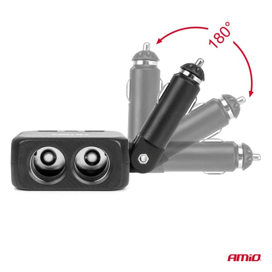 Amio - ΑΝΤΑΠΤΟΡΑΣ ΑΝΑΠΤΗΡΑ 12/24V 100W ΜΑΥΡΟΣ/2 ΘΕΣΕΙΣ/1xUSB-A+1xUSB-C/ΠΕΡΙΣΤΡΟΦΗ 180 ΜΟΙΡΩΝ - 1 ΤΕΜ. (04357/AM)