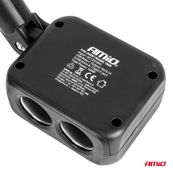 Amio - ΑΝΤΑΠΤΟΡΑΣ ΑΝΑΠΤΗΡΑ 12/24V 100W ΜΑΥΡΟΣ/2 ΘΕΣΕΙΣ/1xUSB-A+1xUSB-C/ΠΕΡΙΣΤΡΟΦΗ 180 ΜΟΙΡΩΝ - 1 ΤΕΜ. (04357/AM)