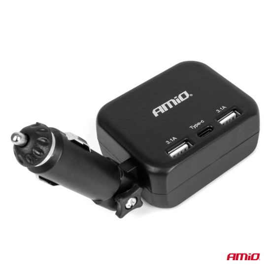 Amio - ΑΝΤΑΠΤΟΡΑΣ ΑΝΑΠΤΗΡΑ 12/24V 100W ΜΑΥΡΟΣ/2 ΘΕΣΕΙΣ/1xUSB-A+1xUSB-C/ΠΕΡΙΣΤΡΟΦΗ 180 ΜΟΙΡΩΝ - 1 ΤΕΜ. (04357/AM)