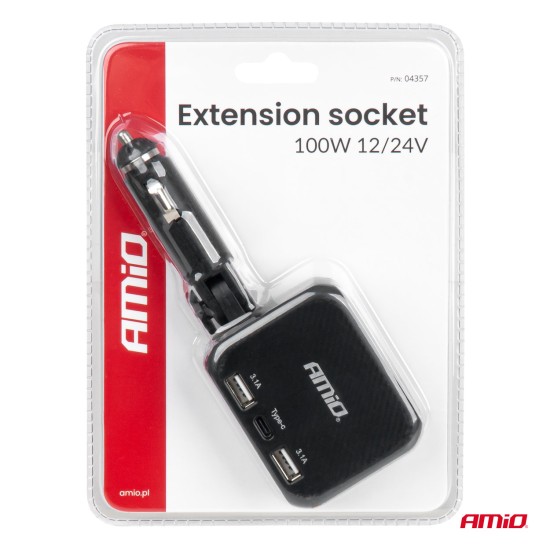 Amio - ΑΝΤΑΠΤΟΡΑΣ ΑΝΑΠΤΗΡΑ 12/24V 100W ΜΑΥΡΟΣ/2 ΘΕΣΕΙΣ/1xUSB-A+1xUSB-C/ΠΕΡΙΣΤΡΟΦΗ 180 ΜΟΙΡΩΝ - 1 ΤΕΜ. (04357/AM)