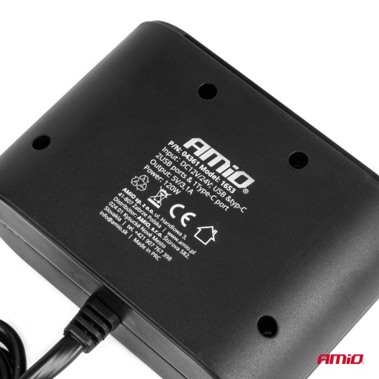 Amio - ΑΝΤΑΠΤΟΡΑΣ ΑΝΑΠΤΗΡΑ 12/24V 120W ΜΑΥΡΟΣ/3 ΘΕΣΕΙΣ/2xUSB-A+1xUSB-C ΤΑΧΕΙΑΣ ΦΟΡΤΙΣΗΣ/ΚΑΛΩΔΙΟ 70cm - 1 Τεμ. (04361/AM)