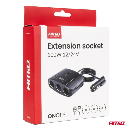 Amio - ΑΝΤΑΠΤΟΡΑΣ ΑΝΑΠΤΗΡΑ 12/24V 100W ΜΑΥΡΟΣ/3 ΘΕΣΕΙΣ/2xUSB-A /ΚΟΥΜΠΙ ON-OFF/ΚΑΛΩΔΙΟ 70cm - 1 Τεμ. (04362/AM)