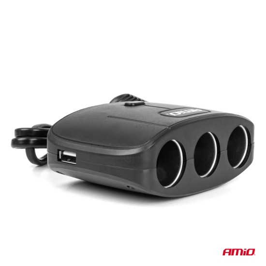 Amio - ΑΝΤΑΠΤΟΡΑΣ ΑΝΑΠΤΗΡΑ 12/24V 100W ΜΑΥΡΟΣ/3 ΘΕΣΕΙΣ/2xUSB-A /ΚΟΥΜΠΙ ON-OFF/ΚΑΛΩΔΙΟ 70cm - 1 Τεμ. (04362/AM)