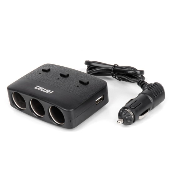 Amio - ΑΝΤΑΠΤΟΡΑΣ ΑΝΑΠΤΗΡΑ 12/24V 100W ΜΑΥΡΟΣ/3 ΘΕΣΕΙΣ/2xUSB-A /ΚΟΥΜΠΙ ON-OFF/ΕΝΔΕΙΞΗ LED/ΚΑΛΩΔΙΟ 70cm - 1 Τεμ. (04363/AM)