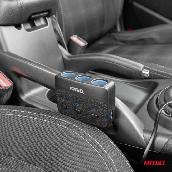 Amio - ΑΝΤΑΠΤΟΡΑΣ ΑΝΑΠΤΗΡΑ 12/24V 100W ΜΑΥΡΟΣ/3 ΘΕΣΕΙΣ/2xUSB-A /ΚΟΥΜΠΙ ON-OFF/ΕΝΔΕΙΞΗ LED/ΚΑΛΩΔΙΟ 70cm - 1 Τεμ. (04363/AM)