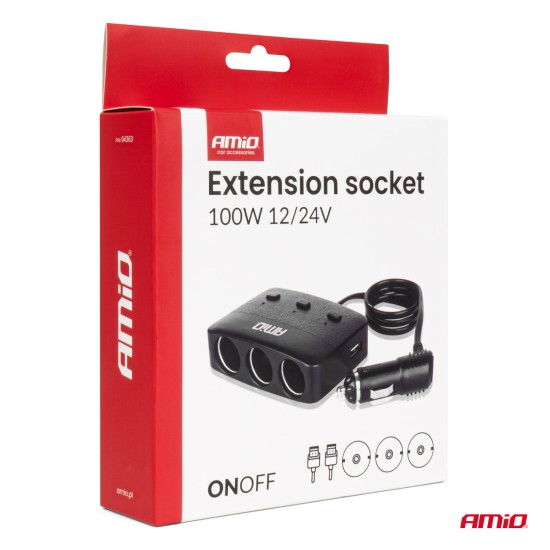 Amio - ΑΝΤΑΠΤΟΡΑΣ ΑΝΑΠΤΗΡΑ 12/24V 100W ΜΑΥΡΟΣ/3 ΘΕΣΕΙΣ/2xUSB-A /ΚΟΥΜΠΙ ON-OFF/ΕΝΔΕΙΞΗ LED/ΚΑΛΩΔΙΟ 70cm - 1 Τεμ. (04363/AM)