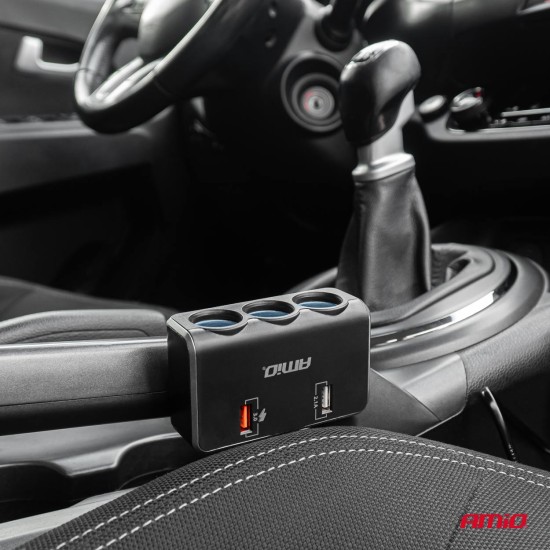 Amio - ΑΝΤΑΠΤΟΡΑΣ ΑΝΑΠΤΗΡΑ 12/24V 120W ΨΗΦΙΑΚΟΣ ΜΑΥΡΟΣ/3 ΘΕΣΕΙΣ/2xUSB-A QC 3.0 ΜΕ ΚΑΛΩΔΙΟ 80cm - 1 Τεμ. (04364/AM)