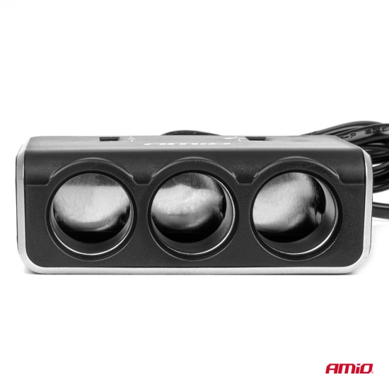 Amio - ΑΝΤΑΠΤΟΡΑΣ ΑΝΑΠΤΗΡΑ 12/24V 120W ΨΗΦΙΑΚΟΣ ΜΑΥΡΟΣ/3 ΘΕΣΕΙΣ/2xUSB-A QC 3.0 ΜΕ ΚΑΛΩΔΙΟ 80cm - 1 Τεμ. (04364/AM)