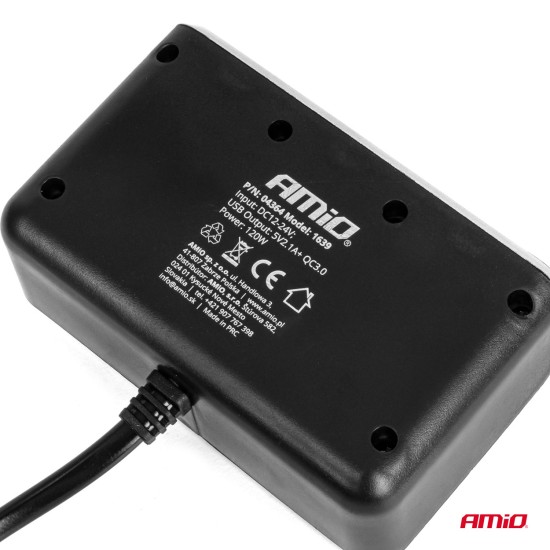 Amio - ΑΝΤΑΠΤΟΡΑΣ ΑΝΑΠΤΗΡΑ 12/24V 120W ΨΗΦΙΑΚΟΣ ΜΑΥΡΟΣ/3 ΘΕΣΕΙΣ/2xUSB-A QC 3.0 ΜΕ ΚΑΛΩΔΙΟ 80cm - 1 Τεμ. (04364/AM)
