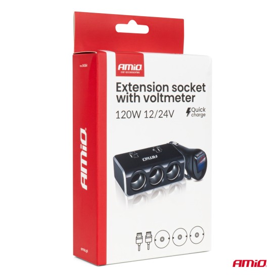 Amio - ΑΝΤΑΠΤΟΡΑΣ ΑΝΑΠΤΗΡΑ 12/24V 120W ΨΗΦΙΑΚΟΣ ΜΑΥΡΟΣ/3 ΘΕΣΕΙΣ/2xUSB-A QC 3.0 ΜΕ ΚΑΛΩΔΙΟ 80cm - 1 Τεμ. (04364/AM)