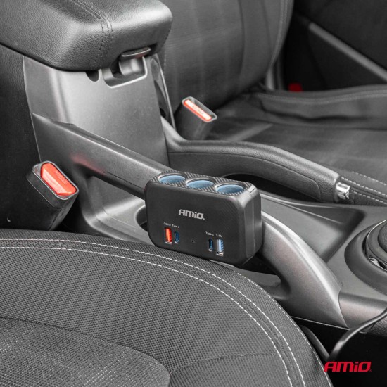 Amio - ΑΝΤΑΠΤΟΡΑΣ ΑΝΑΠΤΗΡΑ 12/24V 120W ΜΑΥΡΟΣ/3 ΘΕΣΕΙΣ/1xUSB-A+1xUSB-C QC 4.0 ΤΑΧΕΙΑΣ ΦΟΡΤΙΣΗΣ/ΚΑΛΩΔΙΟ 80cm - 1 Τεμ. (04365/AM)