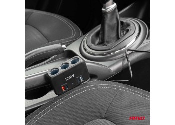 Amio - ΑΝΤΑΠΤΟΡΑΣ ΑΝΑΠΤΗΡΑ 12/24V 120W ΨΗΦΙΑΚΟΣ ΜΑΥΡΟΣ/3 ΘΕΣΕΙΣ/2xUSB-A + 1xUSB-C QC 4.0 ΜΕ ΚΑΛΩΔΙΟ 80cm - 1 Τεμ. (04366/AM)