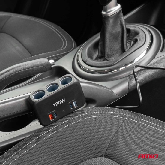 Amio - ΑΝΤΑΠΤΟΡΑΣ ΑΝΑΠΤΗΡΑ 12/24V 120W ΨΗΦΙΑΚΟΣ ΜΑΥΡΟΣ/3 ΘΕΣΕΙΣ/2xUSB-A + 1xUSB-C QC 4.0 ΜΕ ΚΑΛΩΔΙΟ 80cm - 1 Τεμ. (04366/AM)