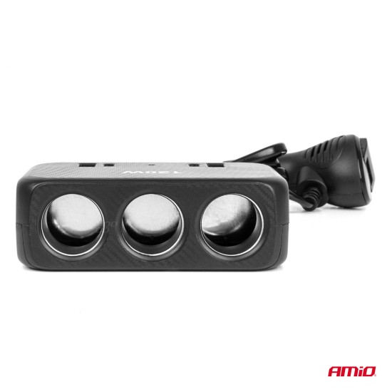 Amio - ΑΝΤΑΠΤΟΡΑΣ ΑΝΑΠΤΗΡΑ 12/24V 120W ΨΗΦΙΑΚΟΣ ΜΑΥΡΟΣ/3 ΘΕΣΕΙΣ/2xUSB-A + 1xUSB-C QC 4.0 ΜΕ ΚΑΛΩΔΙΟ 80cm - 1 Τεμ. (04366/AM)